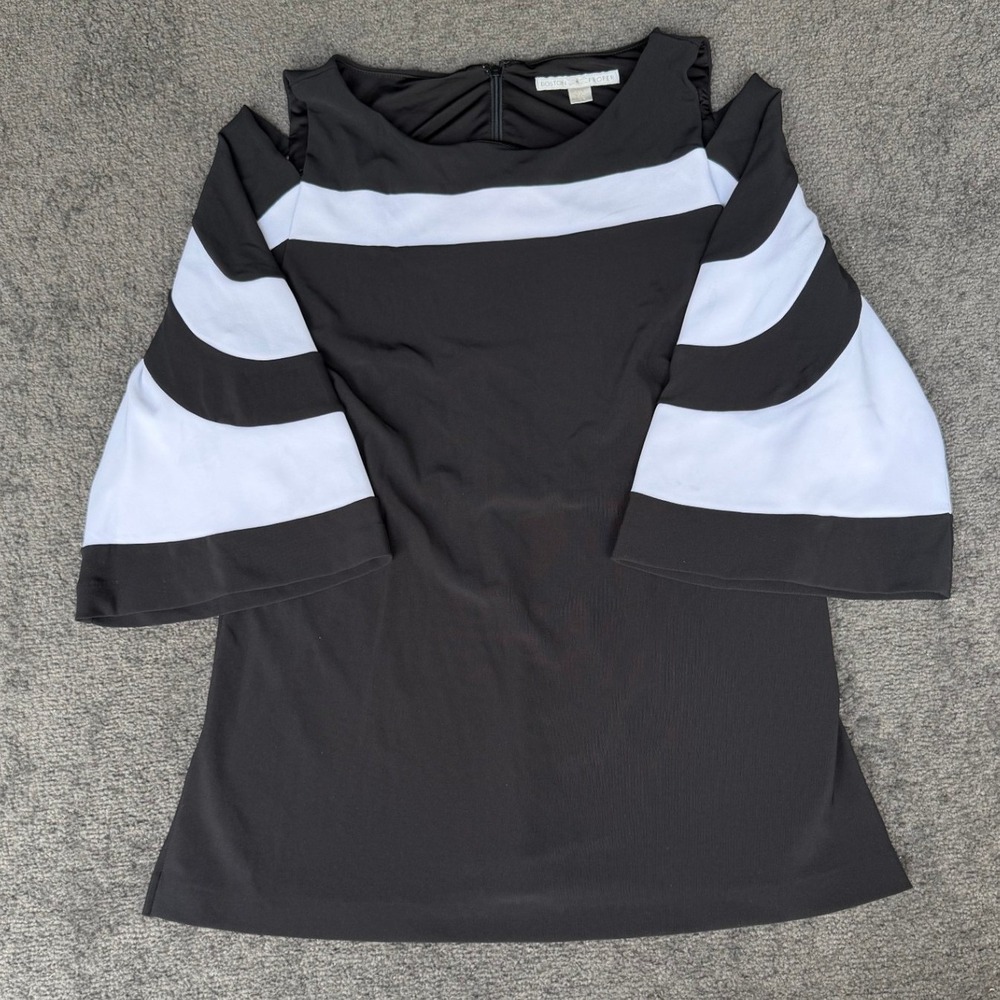 Boston Proper Women Black White Colorblock Cold Shoulder Bell Sleeve Tunic Top L